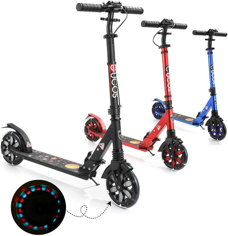 Photo 1 of CUCOS Scooter for Teens/Adults with Flashing PU Wheels, Foldable Kick Scooter with Handbrake, 2 Wheel Scooter 4 Adjustable Height for for Kids Ages 6-12, with Carry Strap
