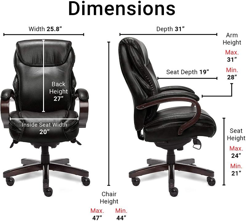 Photo 1 of La-Z-Boy Hyland Executive Office Chair with AIR Technology, Adjustable High Back Ergonomic Lumbar Support, Bonded Leather, Black with Mahogany Wood Finish
//MISSING SOME HARDWARE //LOOSED COMPONENTS  