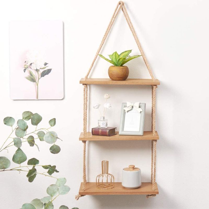 Photo 1 of  3 Tier Wood Hanging Shelf, Floating Wall Swing Storage Shelves, Jute Rope Organizer Rack, Wall Shelf Plant Shelf Rope Shelf Storage Shelf Swing Shelf Floating Shelves Handmade Shelves
