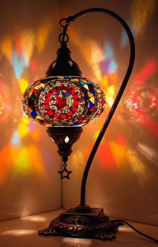 Photo 1 of (33 Colors) DEMMEX 2019 Turkish Moroccan Mosaic Table Lamp with US Plug & Socket, Swan Neck Handmade Desk Bedside Table Night Lamp Decorative Tiffany Lamp Light, Antique Color Body (28)
