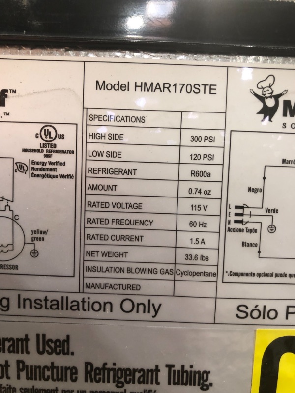 Photo 6 of 1.7 cu. ft. Freezerless Mini Fridge in Stainless Steel
***model: HMAR170STE***
***serial number: YOW2106HMAR170STE0464***