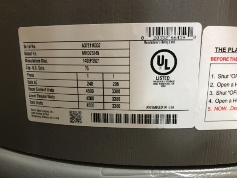 Photo 2 of Rheem Marathon Eclipse Light-Duty 75 Gal. Commercial 208-Volt 12 kW Field Convertible Non Metallic Electric Water Heater