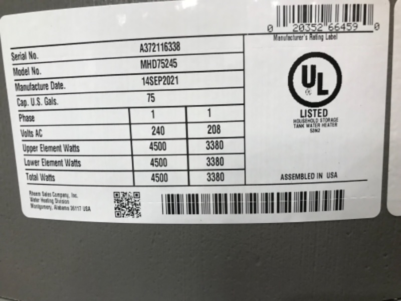 Photo 2 of Rheem Marathon Eclipse Light-Duty 75 Gal. Commercial 208-Volt 12 kW Field Convertible Non Metallic Electric Water Heater