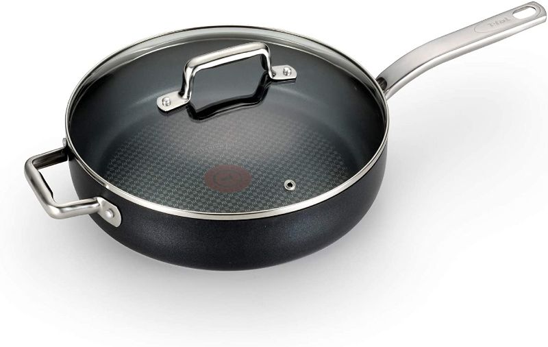 Photo 1 of (BENT EDGE) 
T-fal C51782 ProGrade Titanium Nonstick Thermo-Spot Dishwasher Safe PFOA Free with Induction Base Saute Pan Jumbo Cooker Cookware, 5-Quart, Black
