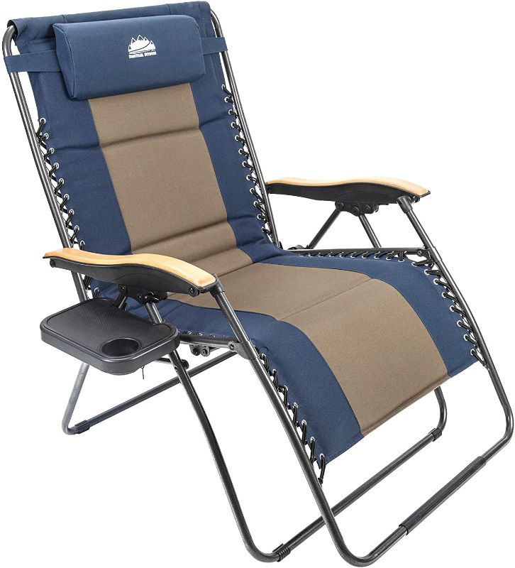 Photo 1 of (DAMAGED ARMJOINT) 
Coastrail Outdoor Zero Gravity Chair Wood Armrest XXL Camping Lounge Patio Support 400lbs Padded Folding Lawn Recliner with Side Table, Blue/Brown
