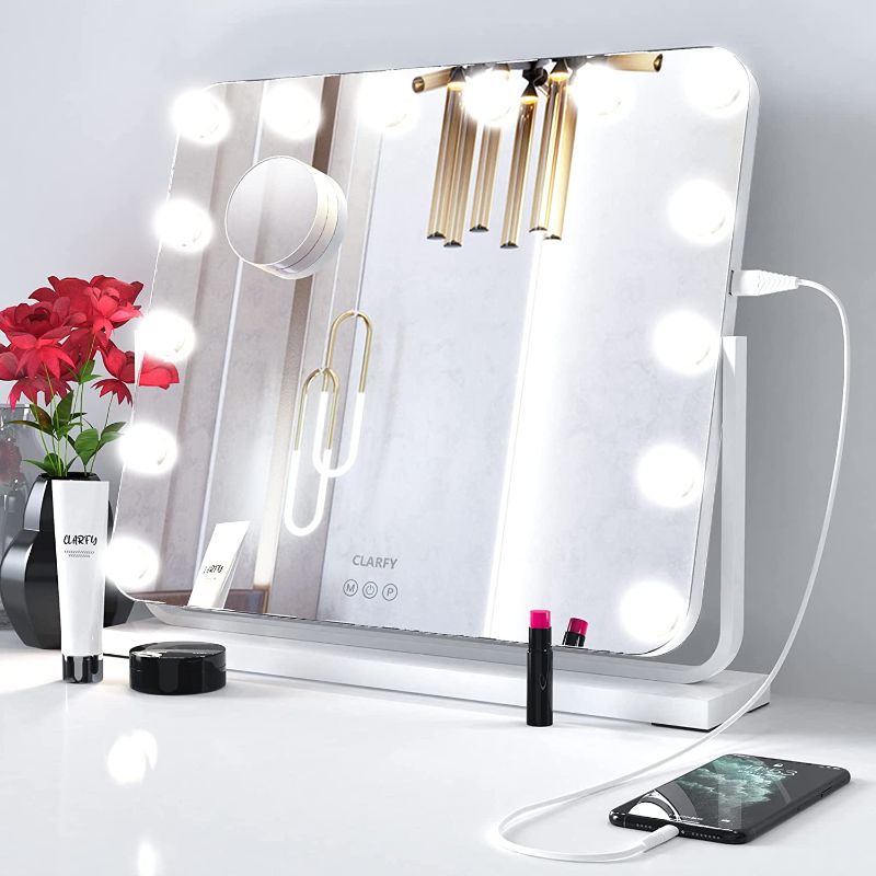 Photo 1 of [360° Rotation] CLARFY Vanity Mirror with Lights, 23inch Large Hollywood Makeup Mirror with 14 Dimmable LED and USB Output, 3 Color and Touch Control, 10X Magnifying, Tabletop or Wall-Mounted
