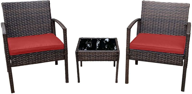 Photo 1 of ***PARTS ONLY*** Pyramid Home Decor Nista Patio Bistro Set 3-Piece Outdoor Furniture - Modern Rattan Garden, Backyard and Balcony Chair with Thick Cushions and Glass Top Coffee Table (Red)
