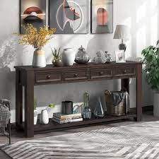 Photo 1 of 64 in. Espresso Standard Rectangle Wood Console Table with Storage Drawers and Bottom Shelf
