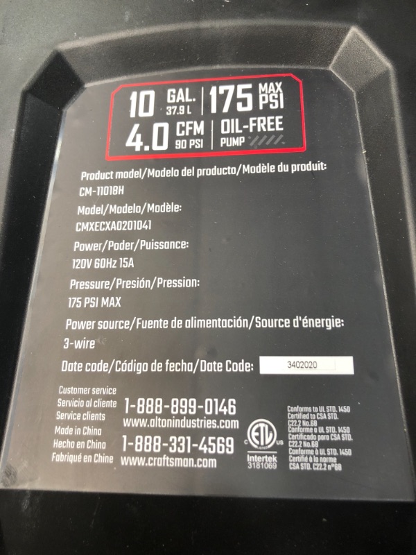 Photo 4 of Craftsman HARD Air Compressor, 10 Gallon 1.8 HP 175 PSI, 4.0CFM@90PSI, Oil Free and Maintenance Free, Portable with Large Wheels, Model: CMXECXA0201041
