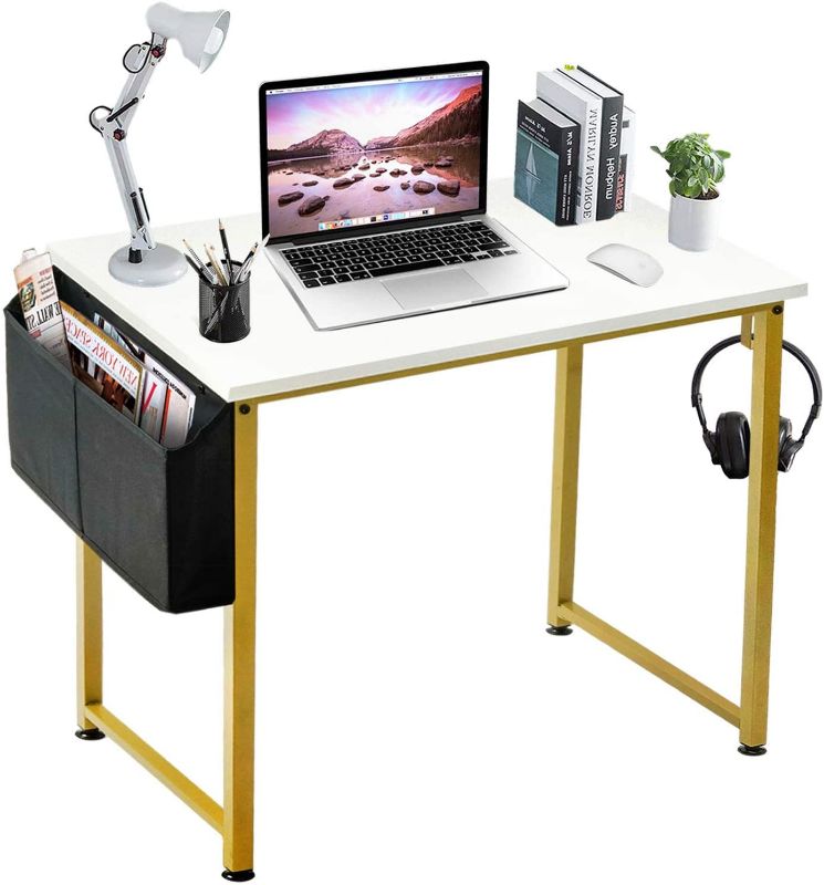 Photo 1 of Computer Desk White Writing Table for Home Office Small Spaces 31 Inch Modern Student Study Laptop PC Desks with Gold Legs Storage Bag Headphone Hook,White Gold