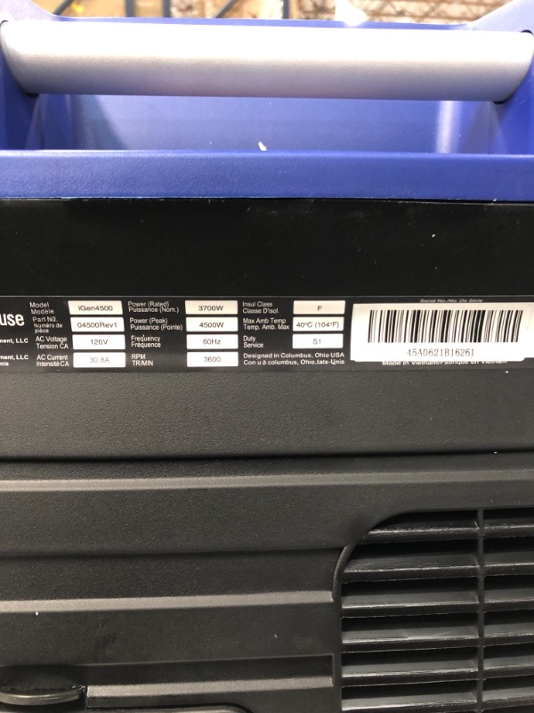 Photo 1 of ***MISSING REMOTE*** Westinghouse iGen4500 Super Quiet Portable Inverter Generator 3700 Rated & 4500 Peak Watts, Gas Powered, Blue/Black
