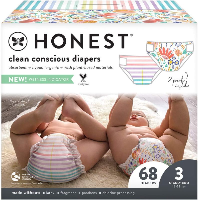 Photo 1 of HONEST Company Club Box Diapers with TrueAbsorb Technology, Flower Power & Rainbow Stripes, Size 3, 68 Count
