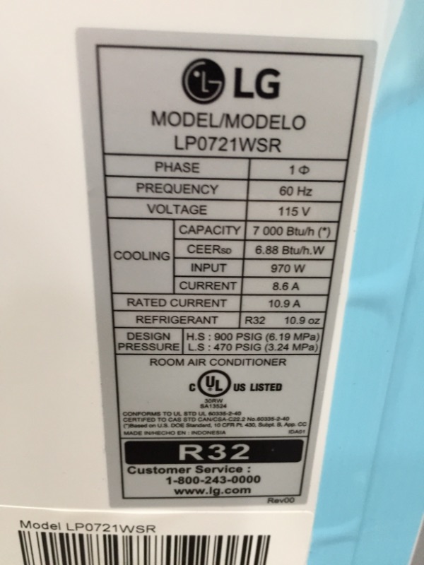 Photo 1 of LG 7,000 BTU (DOE) / 10,000 BTU (ASHRAE) Portable Air Conditioner, Cools 300 Sq.Ft. (12' x 25' room size), Quiet Operation, LCD Remote, Window Installation Kit Included, 115V
