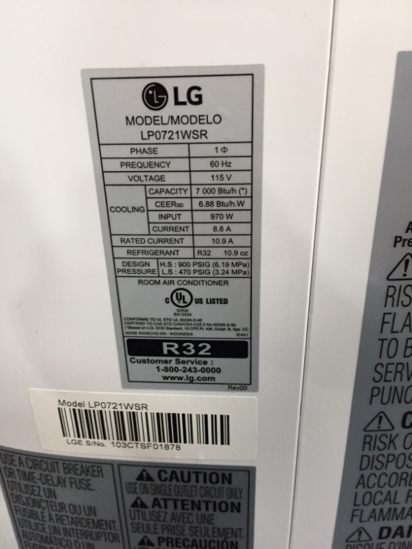 Photo 3 of LG 7,000 BTU (DOE) / 10,000 BTU (ASHRAE) Portable Air Conditioner, Cools 300 Sq.Ft. (12' x 25' room size), Quiet Operation, LCD Remote, Window Installation Kit Included, 115V
