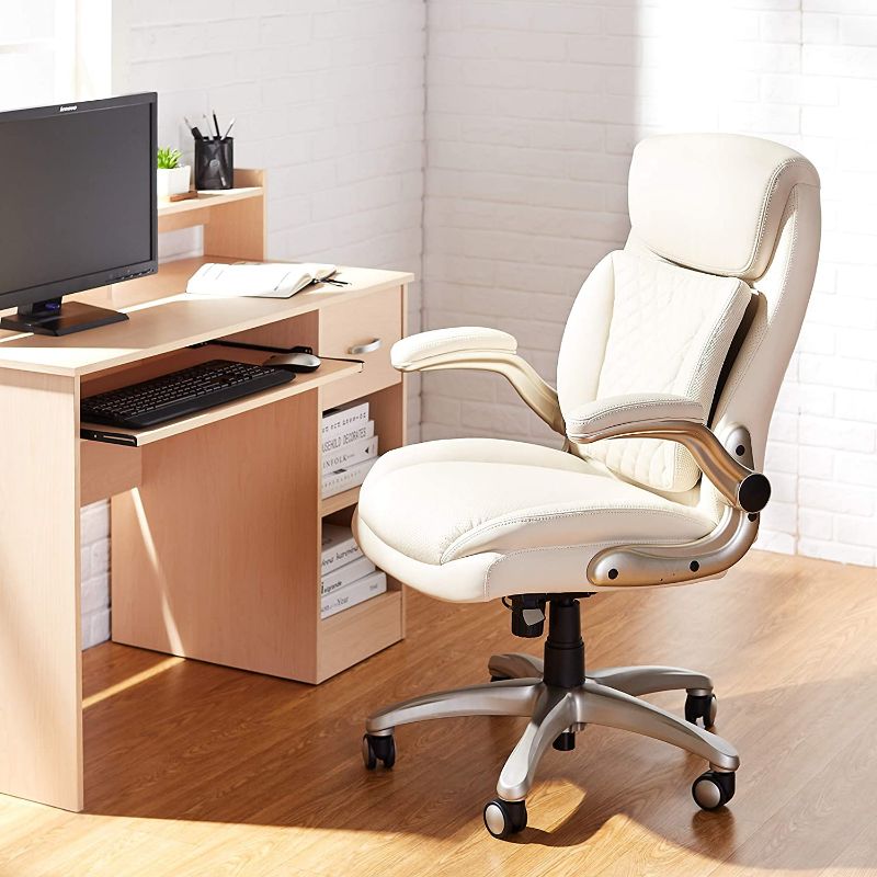 Photo 1 of AmazonCommercial Ergonomic High-Back Executive Chair with Flip-up Armrests and Motive Lumbar Support, Cream Bonded Leather
 PARTS ONLY!!!