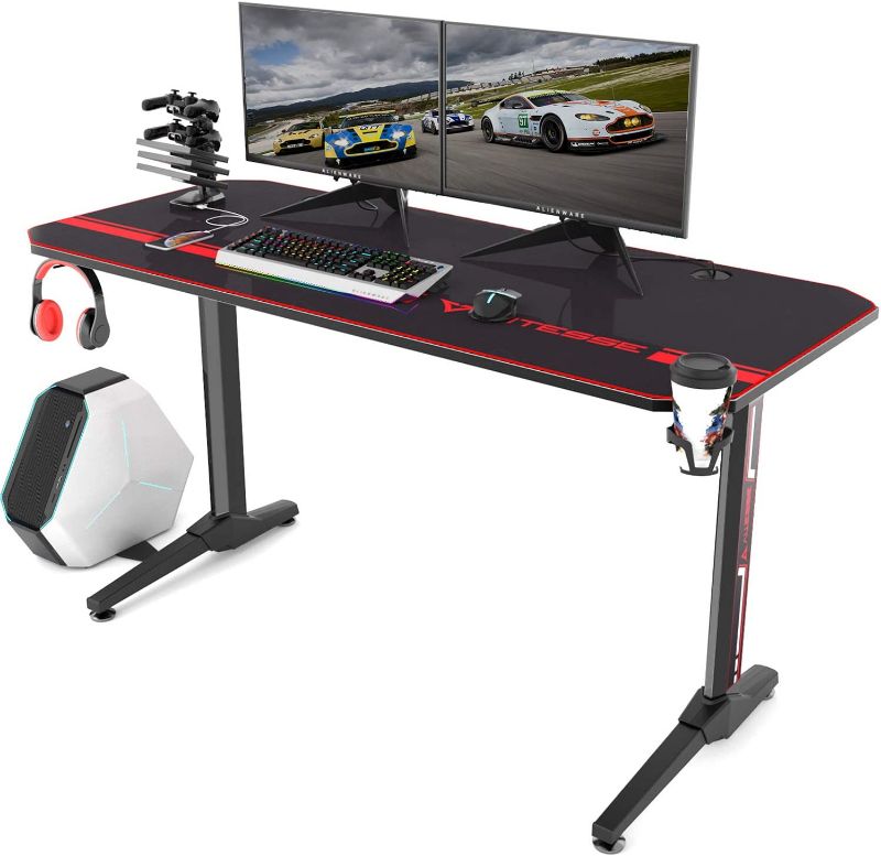 Photo 1 of VITESSE 55 inch Gaming Desk, Gaming Computer Desk, PC Gaming Table, T Shaped Racing Style Proitessfessional Gamer Game Station with Free Mouse pad, USB...
