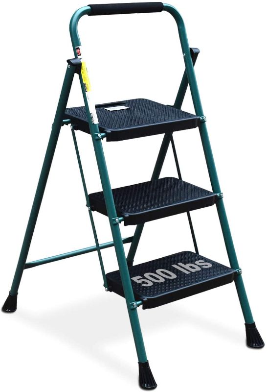 Photo 1 of (COSMETIC DAMAGES) 
HBTower 3 Step Ladder, Folding Step Stool with Wide Anti-Slip Pedal, 500lbs Sturdy Steel Ladder, Convenient Handgrip, Lightweight, Portable Steel Step Stool, Green and Black
