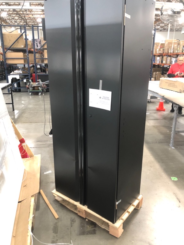 Photo 1 of (BENT DOOR FRONTS) 

Husky Regular Duty Welded 24-Gauge Steel Freestanding Garage Cabinet in Black (31 in. W x 75 in. H x 20 in. D)