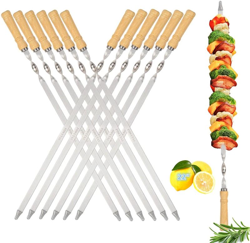 Photo 1 of 22'' Large Size Kabob Skewers Flat Metal BBQ Barbecue Skewer Wooden Handle Stainless Steel Shish Kabob Sticks Wide Reusable Grilling Set Meat Shrimp Chicken Vegetable Kebab Fork Sausage-12PCS
