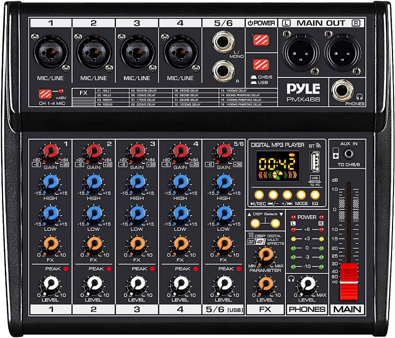 Photo 1 of Professional Bluetooth DJ Audio Mixer - 6 - Channel DJ Controller Sound Mixer w/ DSP 16 Preset Effects, USB Interface, 4 XLR Mic/Line Input, AUX, FX Processor MP3 Player, Headphone Jack - Pyle PMX466
