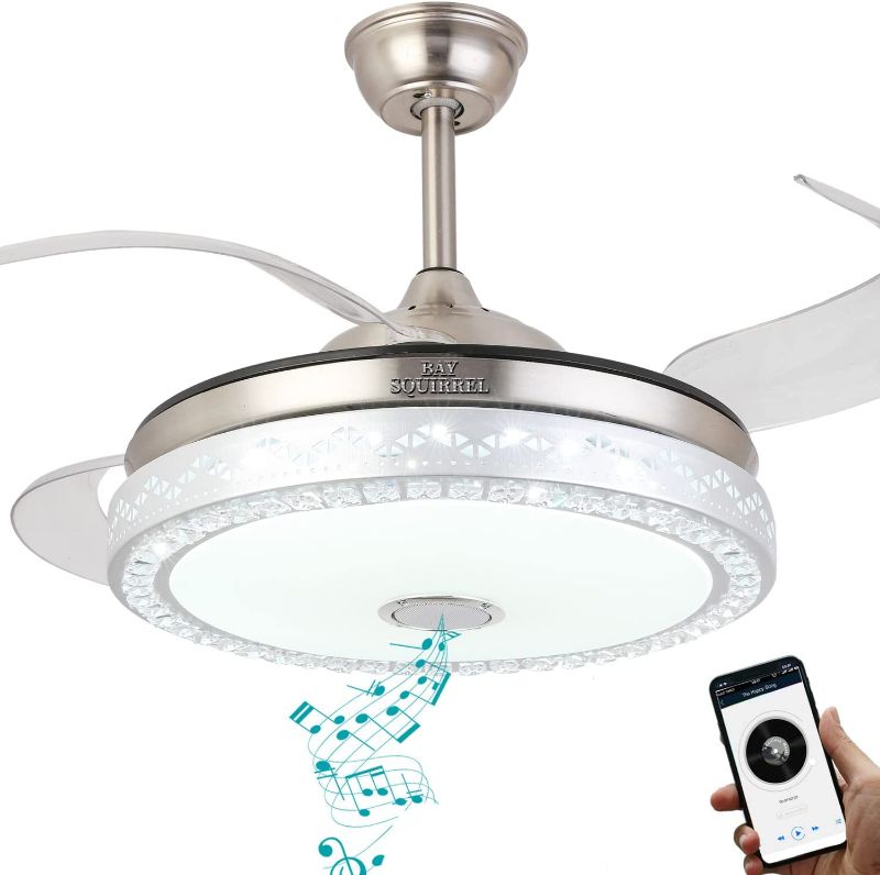 Photo 1 of BAYSQUIRREL Retractable Ceiling Fan with Light and Bluetooth Speaker, 7 Changing Color LED Bluetooth Fan Chandelier with Remote 36W (Silver, 42 Inch)
