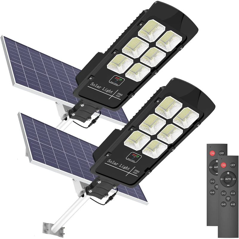 Photo 1 of 2 Pack 400W Solar Street Flood Light Outdoor Motion Sensor Dusk to Dawn Solar Fixture with Remote Control IP66 Waterproof Led Pole Lights for Parking Lot Stadium Garden Pathway
