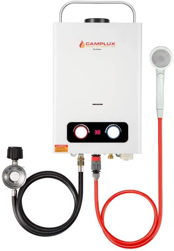 Photo 1 of (DEMAGED)
Camplux Pr GPM Tankless Propane Water Heater, Outdoor Propane Gas Water Heater with Portable Handle, Portable Gas Water Heater for Camping,Cabins,White
