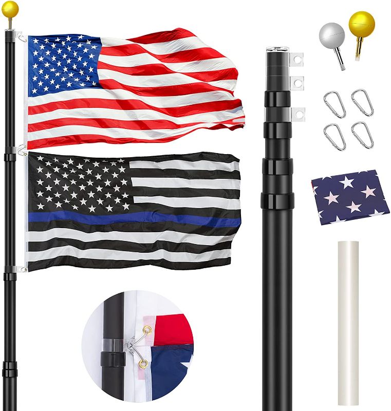 Photo 1 of 20FT Telescopic Flag Pole Kit, Heavy Duty Aluminum Telescoping Flagpole Fly 2 Flags, Outdoor Inground Telescope Flag Poles with 2 Ornament Balls for Yard, Commercial or Residential, Black