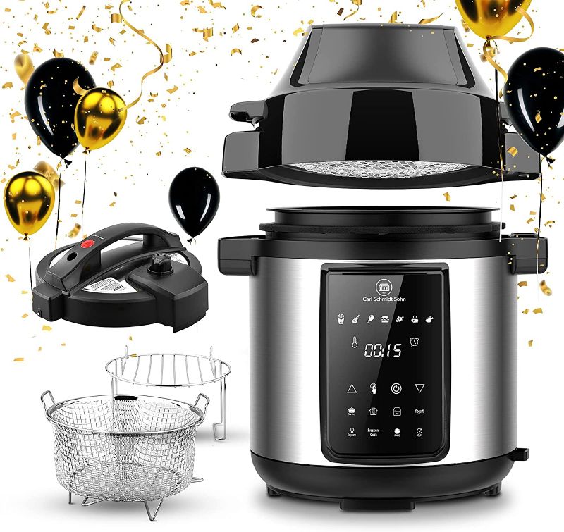 Photo 1 of 1829 CARL SCHMIDT SOHN 6Qt Pressure Cooker & Air Fryer Combo - All-in-One Multi-Cooker with Pressure & Air Fryer Lid, Steamer Cooker, 1500W Pressure, LED Touchscreen, Air Fryer with 3Qt Air Fry Basket
