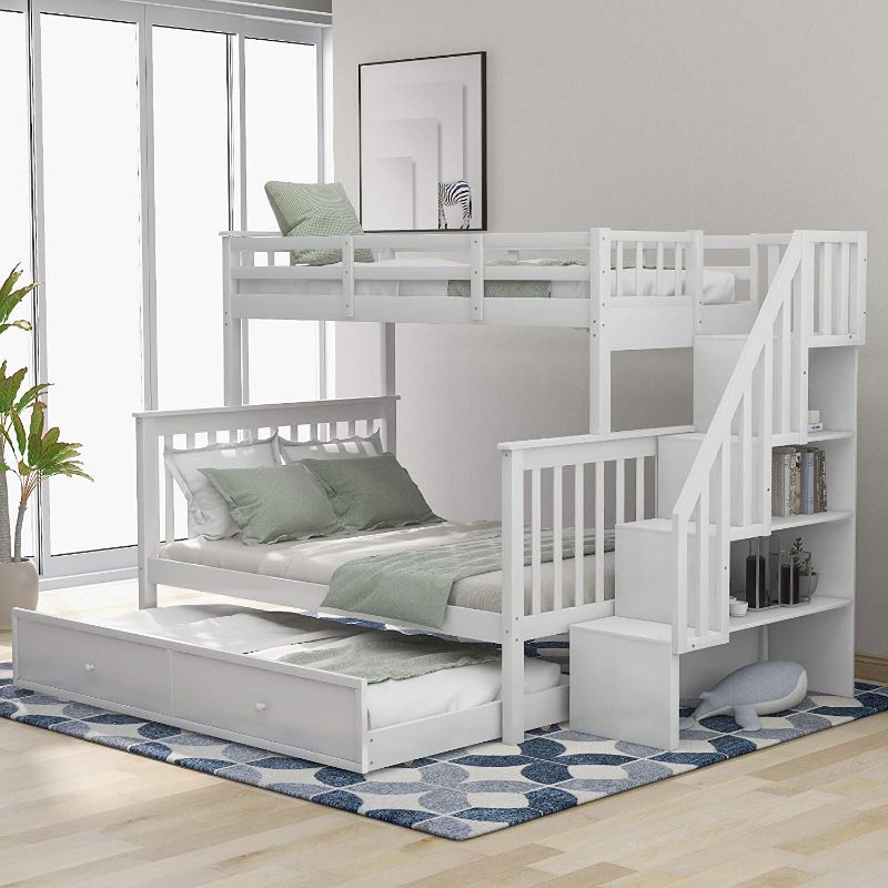 Photo 1 of BOX 3 of 3 NOT A COMPLETE SET 
Solid Wood Twin-Over-Full Stairway Bunk Bed with Drawers/Storage/Trundle and Guard Rail for Bedroom and Dorm, White