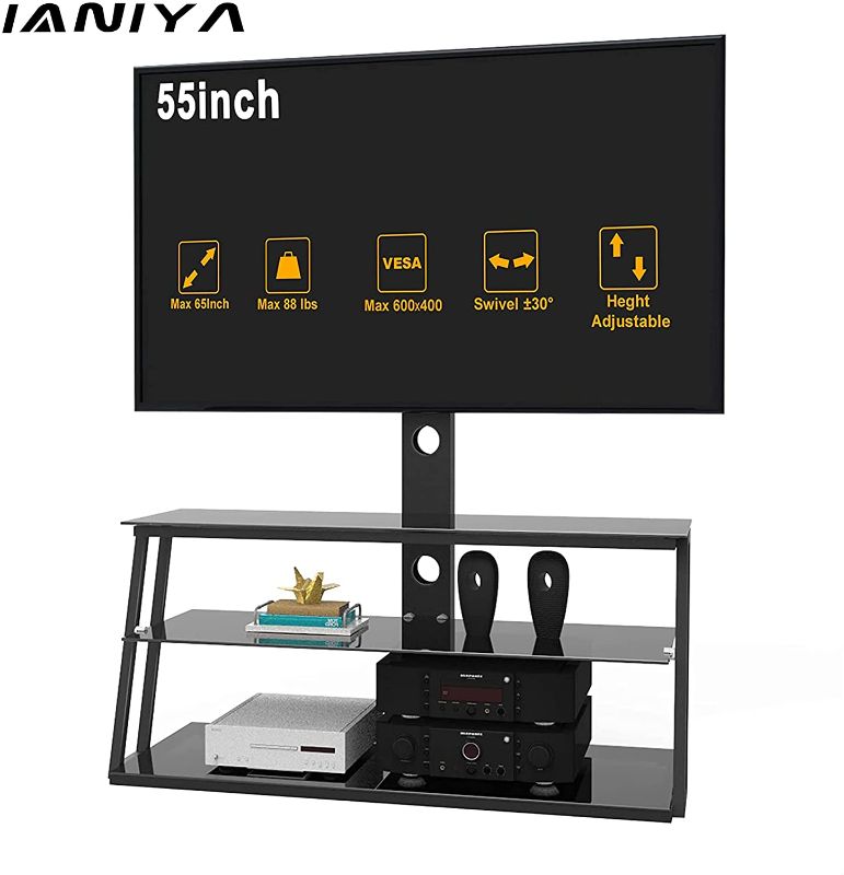 Photo 1 of IANIYA Swivel Floor TV Stand with Mount Height Adjustable Bracket Entertainment Stand for 32 to 65 inch Plasma LCD LED or Curved Screen TV 3-Tier Tempered Glass Universal Media Stand Floor tv Stand
