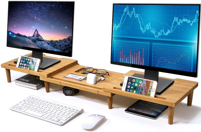 Photo 1 of Pezin & Hulin Bamboo Dual Monitor Stand Riser for Desk Organizer, Adjustable Length and Angle Multi(1/2/3) Screen Stand, Office Wood Desktop Stand Storage for Computer, Laptop, PC, Printer, Notebook
