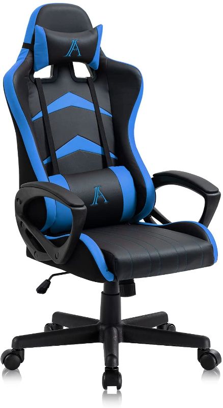 Photo 1 of AJS Ergonomic Gaming Chair,High Back Gaming Office Chair, Leather Computer Desk Chair Gamer Chair with Headrest and Lumbar Support for Kids Teens(Blue)
