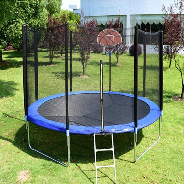 Photo 1 of **used**12FT Trampoline, Upgraded Outdoor Round Trampoline with Safety Enclosure, Basketball Hoop and Ladder, Outdoor Trampoline for Family School Entertainment, Heavy Duty Frame and Coiled Springs, B241
