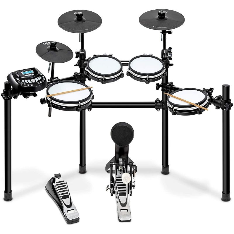 Photo 1 of LyxJam 8-Piece Electronic Drum Kit, Professional Drum Set with Real Mesh Fabric, 448 Preloaded Sounds, 70 Songs, 15-Song Recording Capacity, Choke,Rim,Edge Capability & Kick Pad, Drum Sticks Included
