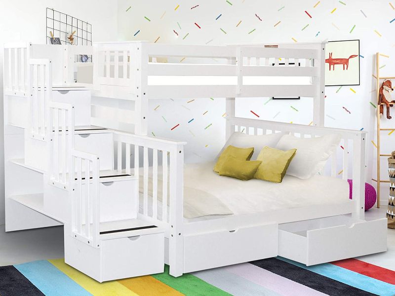 Photo 1 of ***INCOMPLETE***BOX 3 OUT OF 3 ONLY**Bedz King Stairway Bunk Beds Twin over Full with 4 Drawers in the Steps and 2 Under Bed Drawers, White
