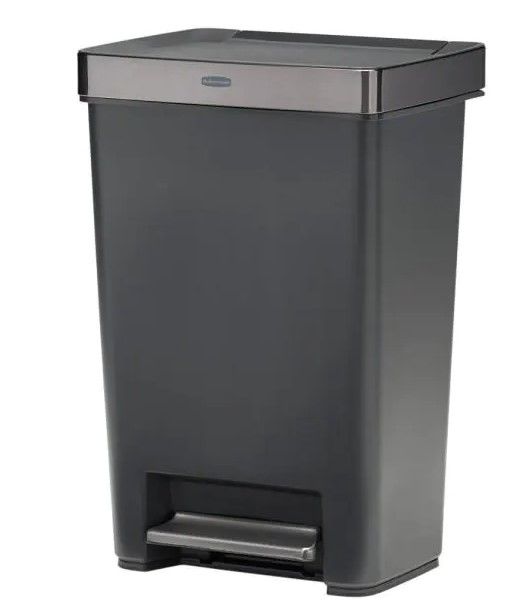 Photo 1 of ***DAMAGED LID**Rubbermaid
12.4G Premier Series III Step-On Trash Can with Stainless Steel Rim