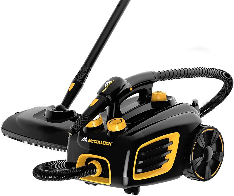 Photo 1 of **UNABLE TO TEST COULD NOT LOCATE POWER BUTTON**
McCulloch MC1375 Canister Steam Cleaner with 20 Accessories, Extra-Long Power Cord, Chemical-Free Cleaning for Most Floors, Counters, Appliances, Windows, Autos, and More, 1-(Pack), Black
