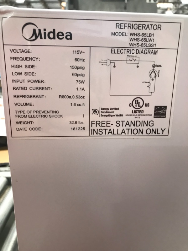 Photo 3 of **parts only ** Midea WHS-65LW1 Compact Refrigerator, 1.6 Cubic Feet, White