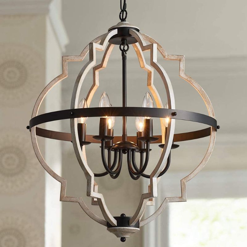 Photo 1 of Bestier Orb 6-Light Chandelier Rustic Vintage Globe Farmhouse Chandelier in Black Metal White Distressed Wood Color Painted Finish Foyer Chandelier Dining Light Living Room Lighting Kitchen Island