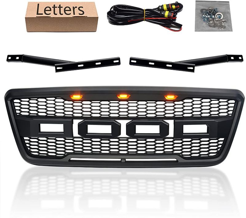 Photo 1 of Aftermarket Front Grill For F150 2004 2005 2006 2007 2008 Parrilla Frontal Black Mesh Custom Replacement Grille for XL/XLT/Lightning/King Ranch/Limited with 3 Amber LEDs & Letters Matte Black
