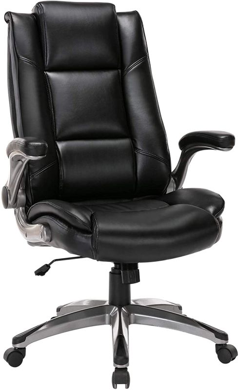 Photo 1 of **parts only ** Office Chair High Back Leather Executive Computer Desk Chair - Flip-up Arms and Adjustable Rock Tension Swivel Chair Thick Padding for Comfort and Ergonomic Design for Lumbar Support (Black)
