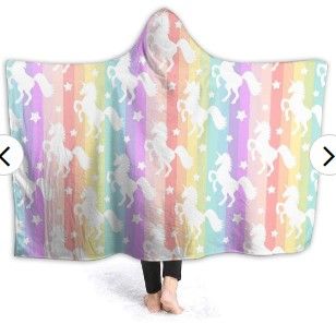 Photo 1 of JASMODER Cute White Unicorns On Rainbow Hoodie Blanket Wearable Throw Blankets for Couch Blanket Hooded for Baby Kids Men Women