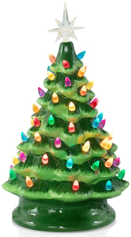 Photo 1 of 13.5 Inch Medium Ceramic Christmas Tree Tabletop Artificial Christmas Decoration Tree with Multicolored Lights, Green Christmas Tree, 
MISSING START
