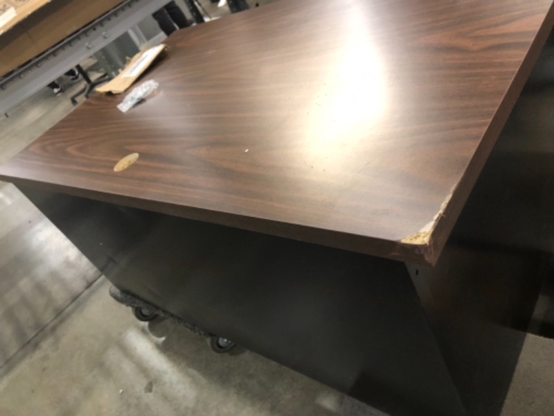 Photo 3 of **DESK IS MISSING LEGS, MISSING KEYS** DAMAGE TO CORNERS**
 Steel Teachers Desk 48x30 - Mahogany Top with Black Frame