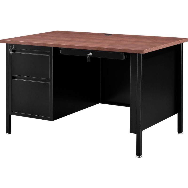 Photo 1 of **DESK IS MISSING LEGS, MISSING KEYS** DAMAGE TO CORNERS**
 Steel Teachers Desk 48x30 - Mahogany Top with Black Frame