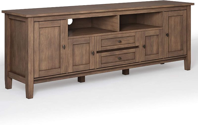 Photo 1 of **parts only *****
SIMPLIHOME Warm Shaker SOLID WOOD Universal TV Media Stand, 72 inch Wide, Farmhouse Rustic, Storage Shelves and Cabinets for Flat Screen TVs up to 80 inches, in Rustic Natural Aged Brown
