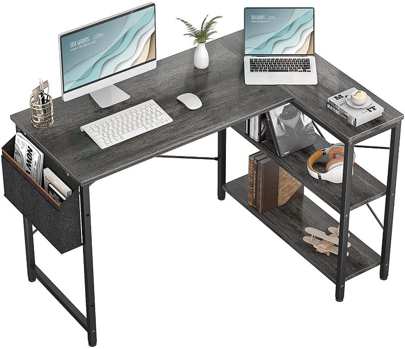 Photo 1 of **MISSING HARDWARE**
Small L Shaped Computer Desk, Homieasy 47 Inch L-Shaped Corner Desk with Reversible Storage Shelves for Home Office Workstation, Modern Simple Style Writing Desk Table with Storage Bag(Black Oak)
