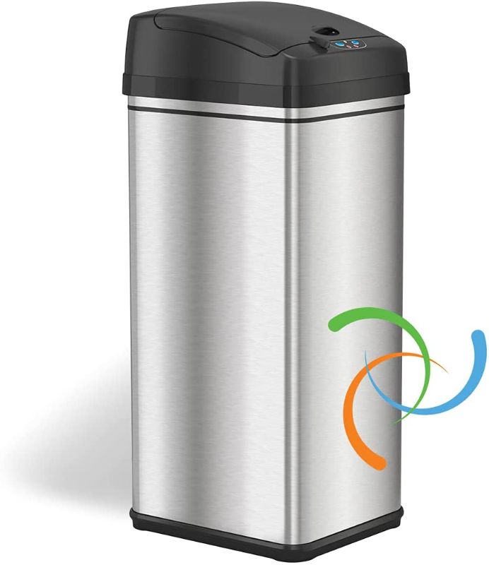 Photo 1 of **HAS MANY DENTS**
iTouchless 13 Gallon Automatic Trash Can with Odor-Absorbing Filter and Lid Lock, Power by Batteries (not included) or Optional AC Adapter (sold separately), Black/Stainless Steel
