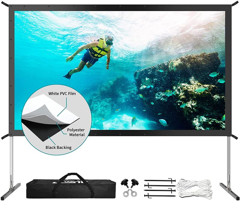 Photo 1 of **PREVIOUSLY USEDii
Projector Screen with Stand, Upgraded 3 Layers PVC 120 inch 4K HD 16:9 Outdoor/Indoor Portable Front Projection Screen, Foldable Video Projection Screen with Carry Bag for Home Theater Backyard Movie
